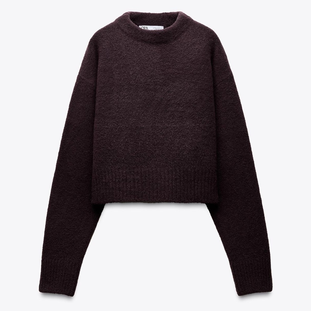 Zara dark purple eggplant touch of wool soft round neck cropped sweater NWT